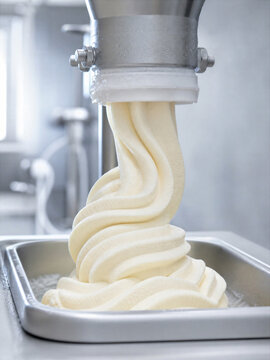 Soft serve ice cream pouring from professional machine nozzle into metal container. Industrial manufacturing process of frozen dessert in dairy factory. Food production technology.