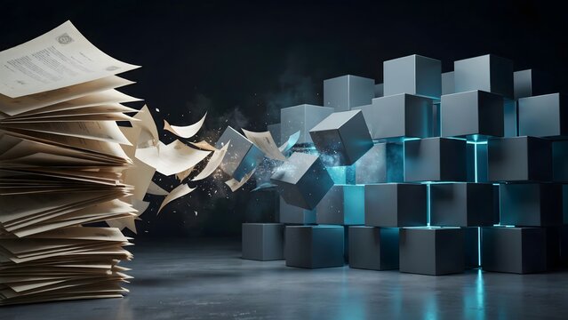 Paper stack dissolving into digital cubes &ndash; Suitable for paperless office, data digitization, or tech.