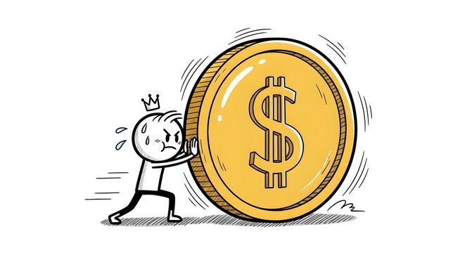 Determined cartoon person pushing a giant golden dollar coin