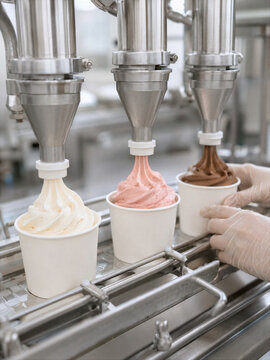 Automated freezer machine dispensing soft serve ice cream into cups on industrial conveyor belt. Worker in glove managing tasty dessert production process in modern food factory.