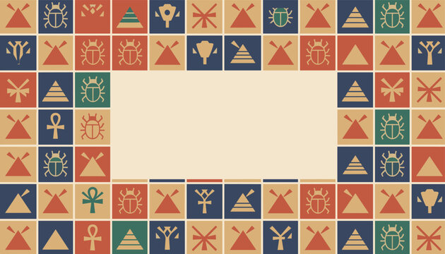 Frame decorated with ancient Egyptian symbols and pyramids around blank central space