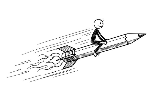 Stick Figure Riding Pencil Rocket Toward Success