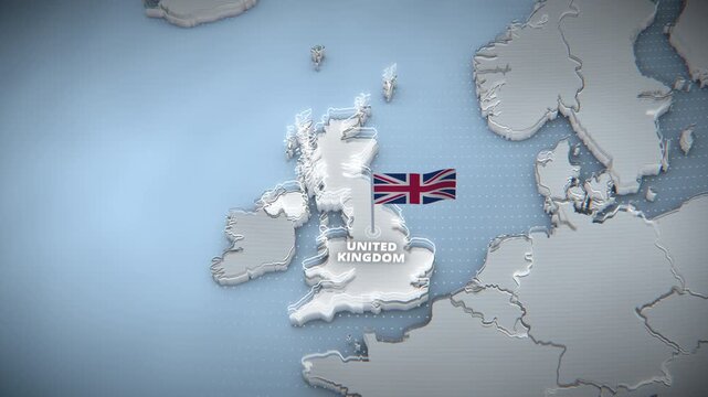 3D extruded map of the United Kingdom with glowing contour lines, Union Jack flag pin, and text label over a light blue dotted grid, ideal for broadcast news or corporate presentation backdrops.

