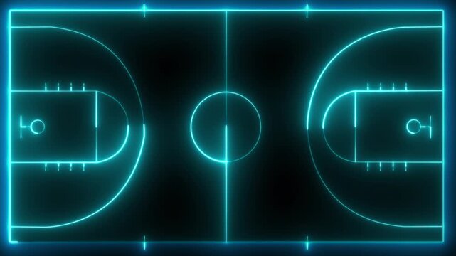 Basketball court with markings. Basketball playground markings with lines on a transparent background. Basketball court in top view. neon icon .4k video animation.