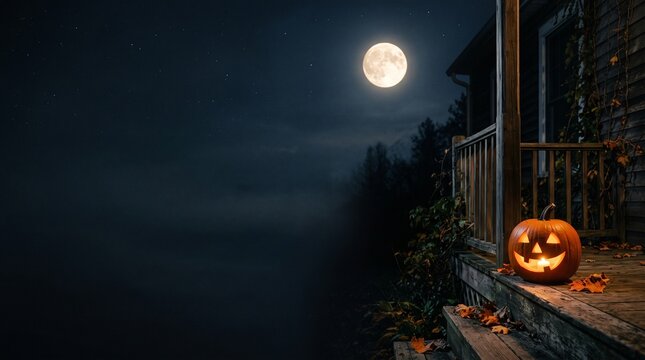 Spooky Halloween Jack O Lantern on a porch under a full moon