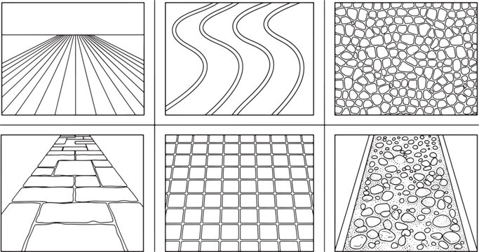 Set of six hand drawn path and ground texture illustrations featuring perspective lines and stone patterns