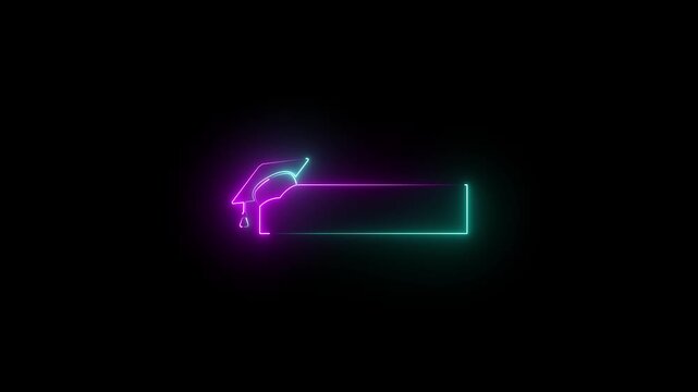 Neon graduation cap and blank frame icon isolated on black background. Graduate college, high school or educational cap symbol. degree ceremony hat with line stroke border. HD video