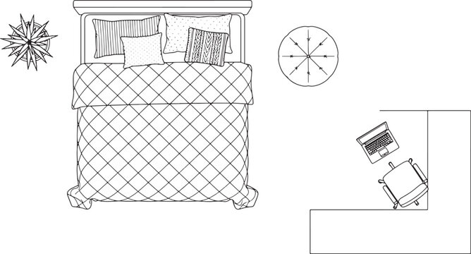 Top view architectural floor plan of a modern bedroom with furniture layout in black and white line