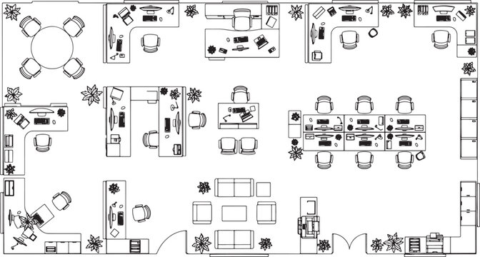 Top view architectural floor plan of a modern open office layout with furniture and workstation arrangements