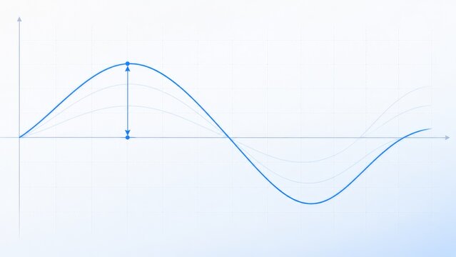 Blue sine wave graph on Cartesian axes showing amplitude and phase with multiple translucent wave overlays and measurement arrows