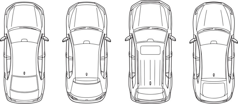 Top view car body types outline set including sedan hatchback suv and crossover vehicle silhouettes vector illustration