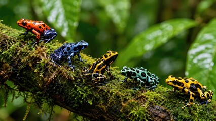 Obraz premium Colorful poison dart frogs perched in a row on a mossy branch in a tropical rainforest setting