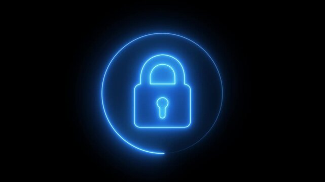 Safety, security, privacy, password icon. bright glowing neon line animation lock icon protection safety security privacy password closed animation sign symbol.4k video.