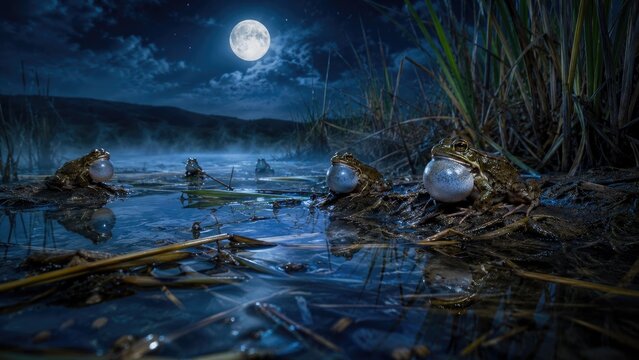 Moonlit swamp scene with frogs clutching glowing pearls amid misty water, reeds and a full moon over a tranquil, mystical night landscape