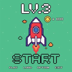 Obraz premium Pixel Art Video Game Screen With Rocket And Text On Transparent Background illustration vector template