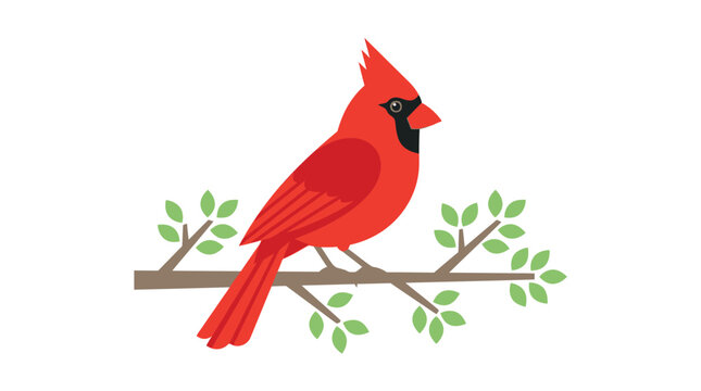 Vibrant red cardinal bird vector illustration featuring artistic flat design elements on a simple tree branch