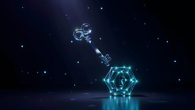 Faceted crystal key unlocking glowing network &ndash; Great for security solution, high tech access, or safety.