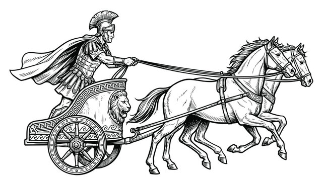 Detailed vector illustration of a roman warrior driving a fast chariot pulled by two horses