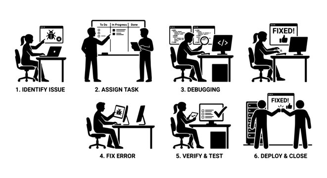 Software Development Workflow Icons, Agile Process Steps, Coding Debugging and Deployment Icons, Business Project Management Icons