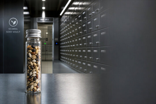 Premium seed bank laboratory vial with diverse organic seeds on brushed metal in secure genetic vault for food security agriculture conservation biotechnology investment resilience