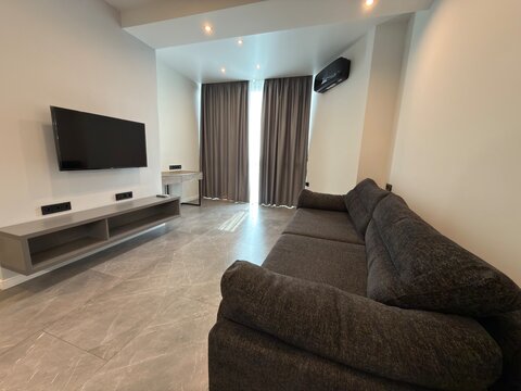Modern Living Room Interior with Gray Sofa Wall Mounted TV and Large Curtains
