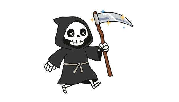 Cute cartoon grim reaper character carrying a shiny scythe on white background