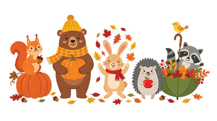 Fototapeta premium Cute forest animals celebrating autumn in this vibrant vector illustration featuring pumpkins and falling leaves