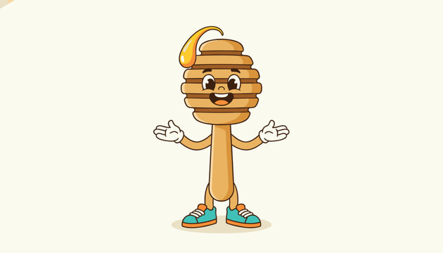 Cute cartoon honey dipper character with a big smile standing on a light background