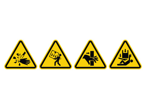 Collection of four safety warning signs indicating hazards such as fire, falling objects, and electrical danger