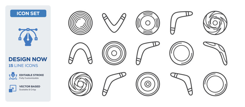 flat vector illustration line art icon bundle set design depicting wooden boomerangs hunting weapons ancient aboriginal tools and traditional throwing objects graphic