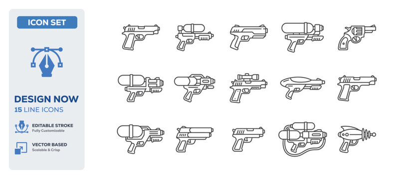 flat vector illustration line art icon bundle set design illustrating water squirt guns summer beach toys child play items plastic weapons and recreation games UI apps