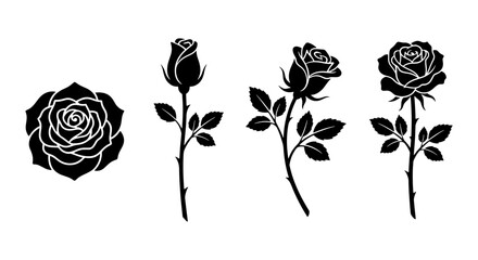Obraz premium Black Rose Silhouettes Vector Set, Elegant Floral Illustrations, Romantic Flower Graphics, Classic Botanical Design Elements