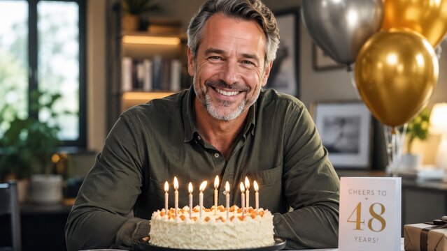 Middle-aged man smiling behind a birthday cake with lit candles, gold balloons and a 48 years card in a cozy home celebration