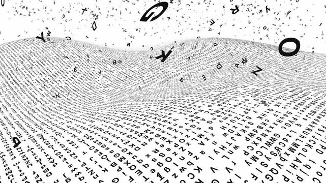Typography letters flow over a white undulating landscape in a dynamic 3D animation loop perfect for creative writing and educational backgrounds