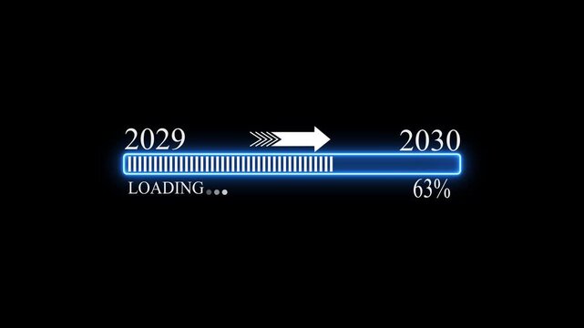 New year 2029 loading bar animation, Loading bar from 2029 to 2030 new year transfer animation. Almost reaching New Year on black background. Welcoming the happy new year 2027 4k video.