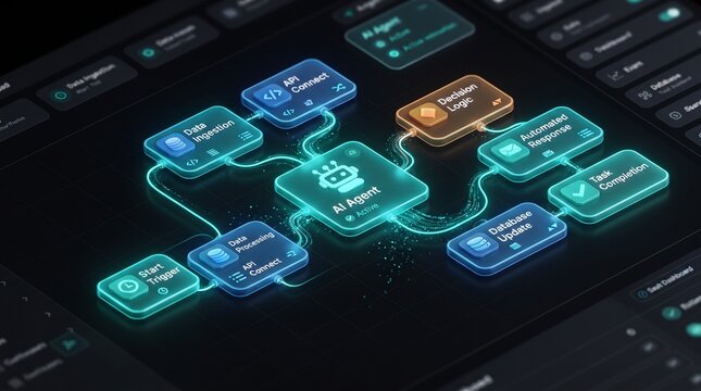 A futuristic AI agent interface on a computer screen with glowing connections