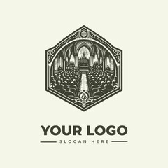 Obraz premium Vintage style church interior emblem illustration for religious organization branding.