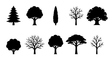 Diverse Tree Silhouettes Collection, 10 Vector Icons for Nature and Landscape Design, Evergreen and Deciduous Forest Elements © Zubaraj