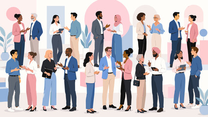 Obraz premium Busy multicultural networking crowd with people chatting and exchanging ideas in a pastel social scene, networking, crowd,