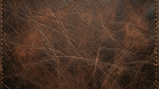 Aged brown leather surface with visible stitching and scratches