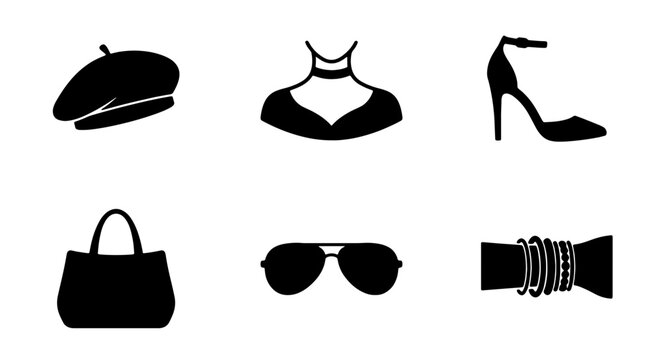 Chic Fashion Accessories Icon Set: Beret, Choker Necklace, High Heel Shoe, Handbag, Aviator Sunglasses, Bangles Collection