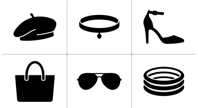 Fashion Accessories Icons Set: Beret, Choker Necklace, High Heel Shoe, Handbag, Aviator Sunglasses, Bangles. Vector Graphics for Style and Retail.