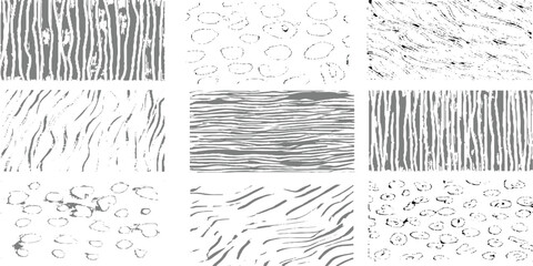Fototapeta premium Grunge set of nine high-contrast monochrome vector textures featuring wood grain textures collection.