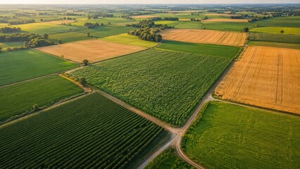 Naklejka premium Aerial view of patchwork farmland with green and golden crop fields, dirt roads, hedgerows and distant horizon in warm sunlight