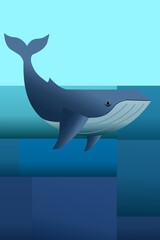 Humpback whale swimming in ocean vector illustration, blue sea creature geometric art