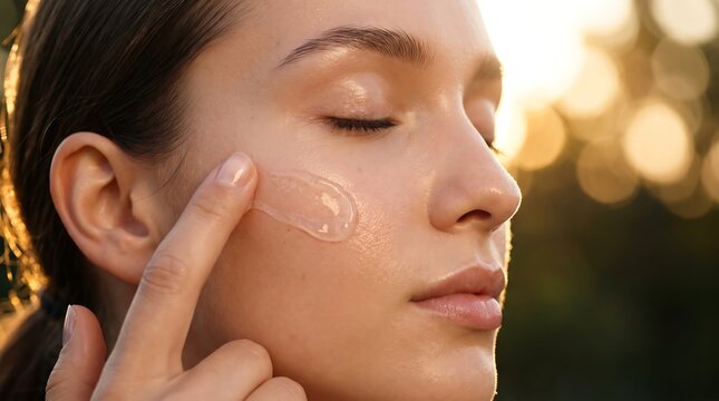Woman applying skincare gel on face with sunset lighting