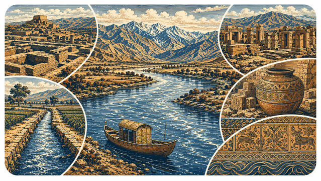 Indus River heritage postcard collage with mountain valleys, ancient ruins, irrigation channels, clay vessel, river boat, and
