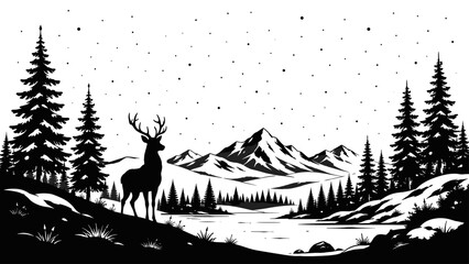 Fototapeta premium Black forest silhouette with deer, pine trees and snowy night atmosphere, forest, deer, pines, silhouette, black, white, snow,