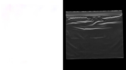 Transparent plastic zipper bag texture on black background, wrinkled polyethylene pouch for product packaging, clear zip lock bag mockup © MstNadira