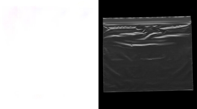 Transparent plastic zipper bag texture on black background, wrinkled polyethylene pouch for product packaging, clear zip lock bag mockup